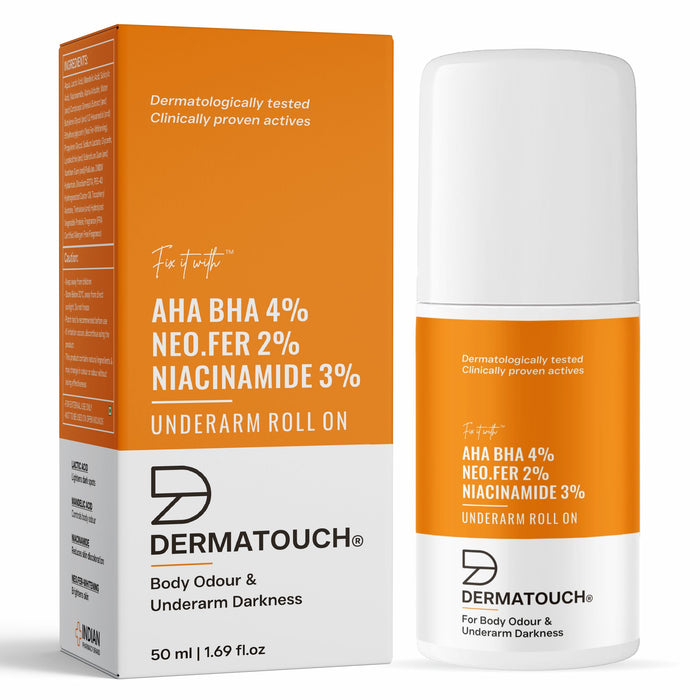 DERMATOUCH AHA BHA 4% Neo. Fer 2% Niacinamide 3% Underarm Roll On | For Odour Free and Refreshing Skin | Targets Body Odour and Underarm Darkness | 50ml